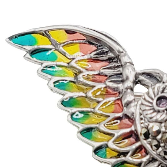 Handmade 925 Sterling Silver Plique Enamel Ruby Marcasite Brooch Owl in Flight - Picture 5 of 9